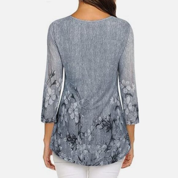 NEW Bluish Gray Floral Sz XXXL Casual or Dress Stretch Pleated Front Tunic Shirt - Picture 3 of 3